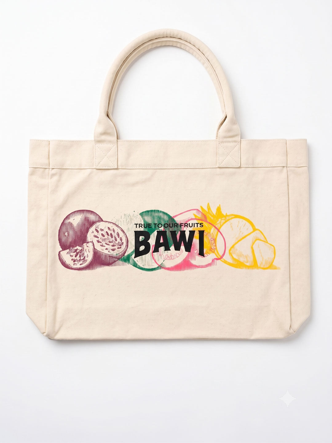 Beige tote bag with fruit illustrations and 'BAWI' branding on a white background
