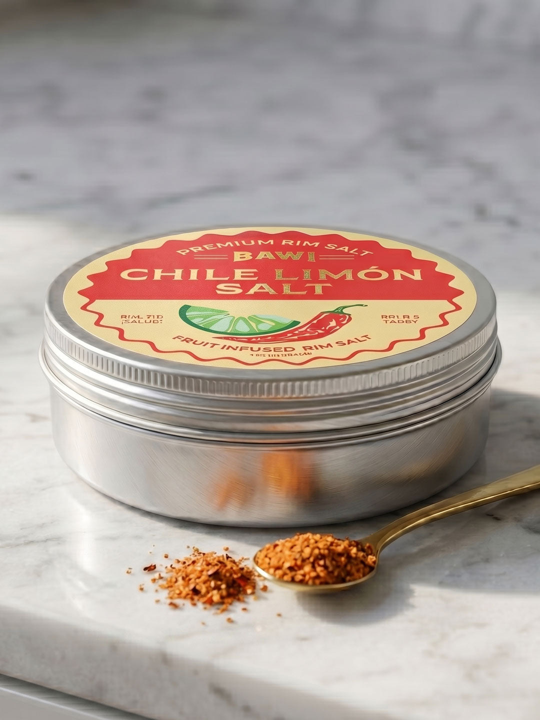 Tin of Chile Limón salt with a spoonful of salt on a marble surface
