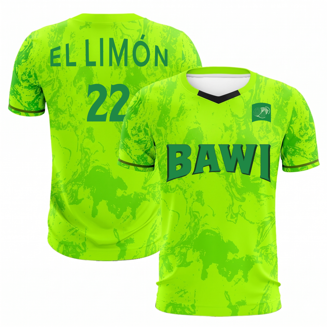 Bright green sports jersey with 'EL LIMóN' and number '22' on the front, and 'BAWI' branding on the back.