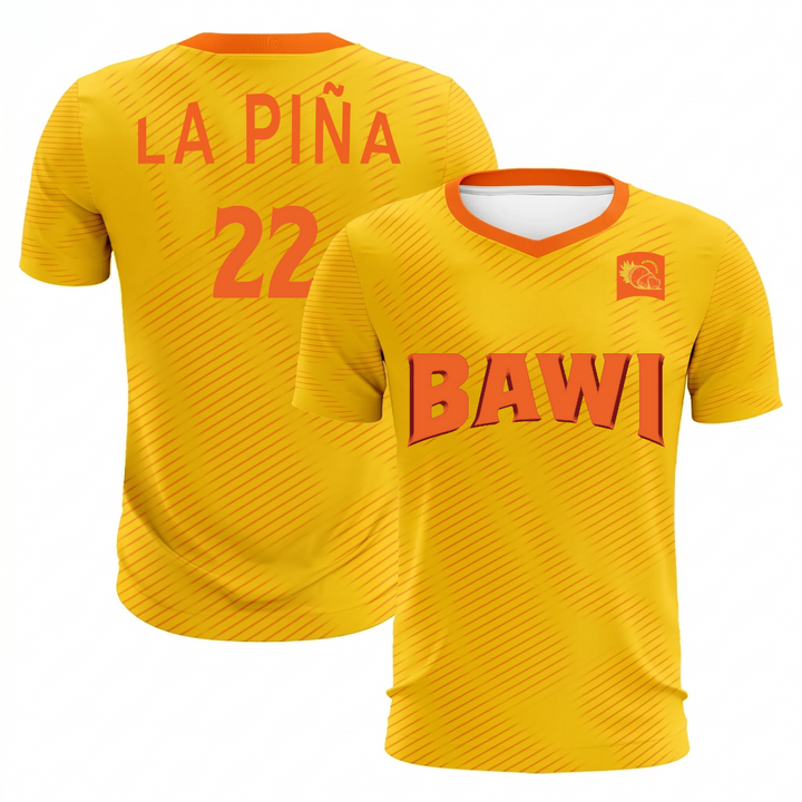 Yellow sports jersey with red text on a white background